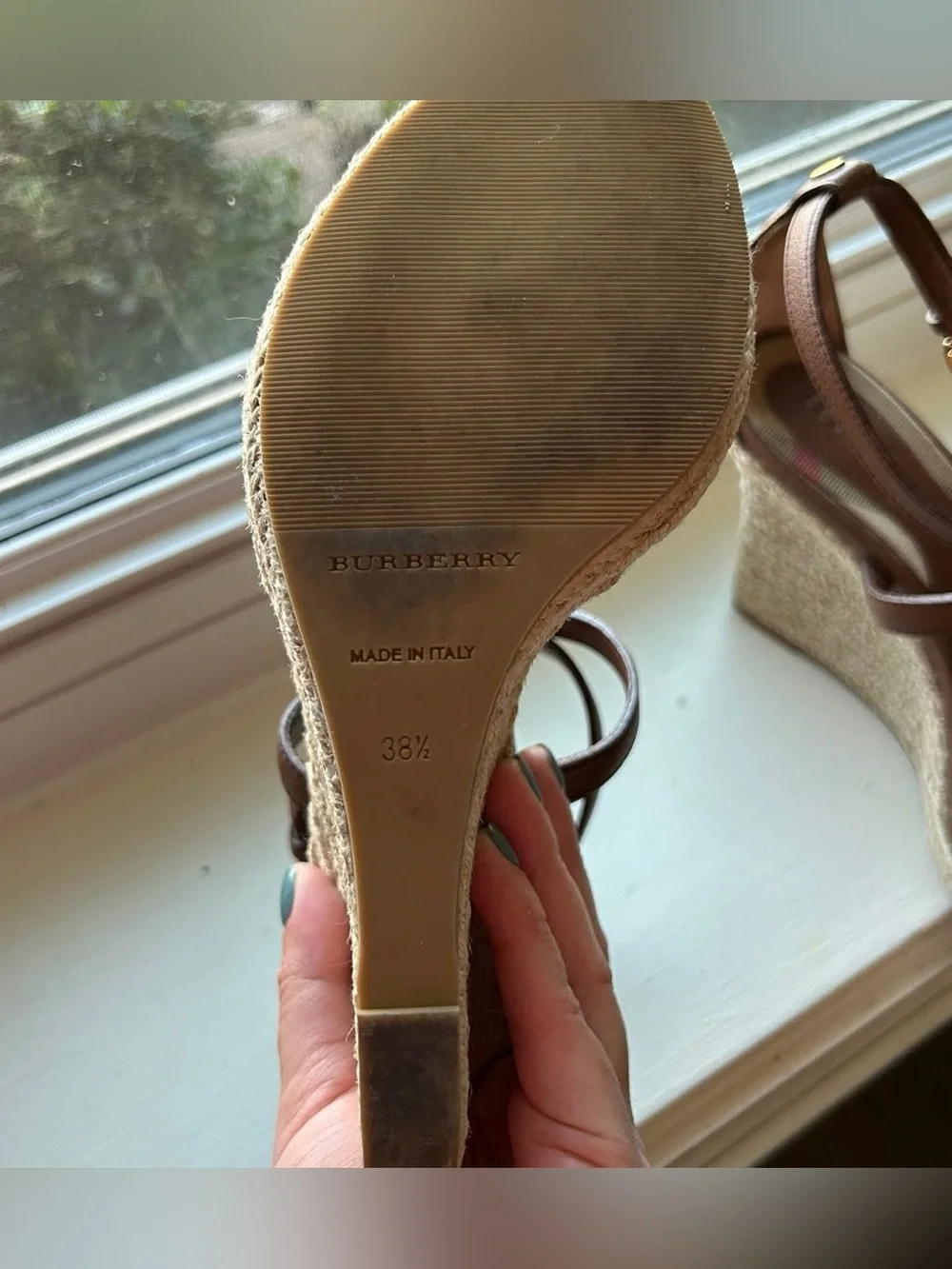 Burberry Brown Leather And Rope Espadrille Wedge Sandals House Check
